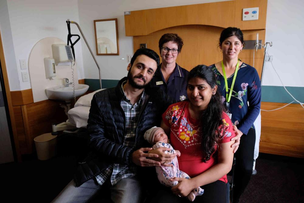 Midwife Davinia Harrison, Charge Midwife Andrea Robinson, Muhammad Umar Nawaz Babar, Tayyaba Latif and baby Zahra.